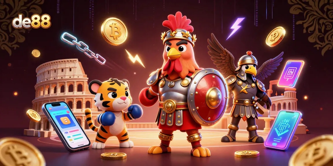 Join the de88 adventure with an epic gladiator rooster amidst vibrant casino elements.