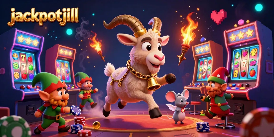 Experience jackpotjill's festive casino chaos with Krampus, angel mouse, and gremlins stealing chips.