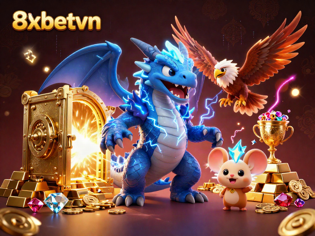 Experience excitement with 8xbetvn as a thunder dragon and wind hawk unveil treasures in this vibrant casino scene.