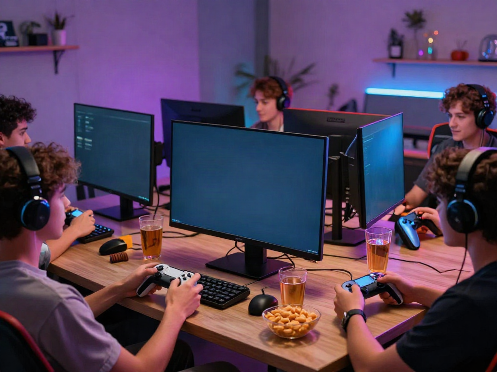 Friends enjoying rokok88 resmi gaming together in a lively setting with vibrant lights.