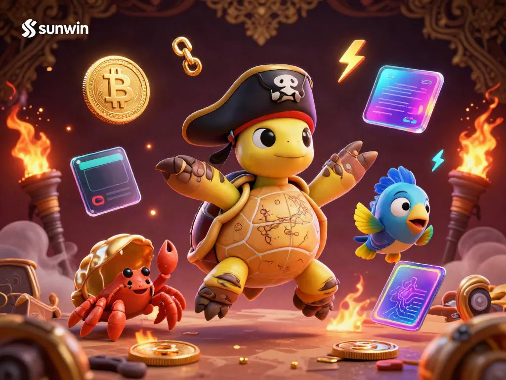 Experience thrilling adventures with SUNWIN’s vibrant characters and crypto-themed gaming elements in a captivating scene.