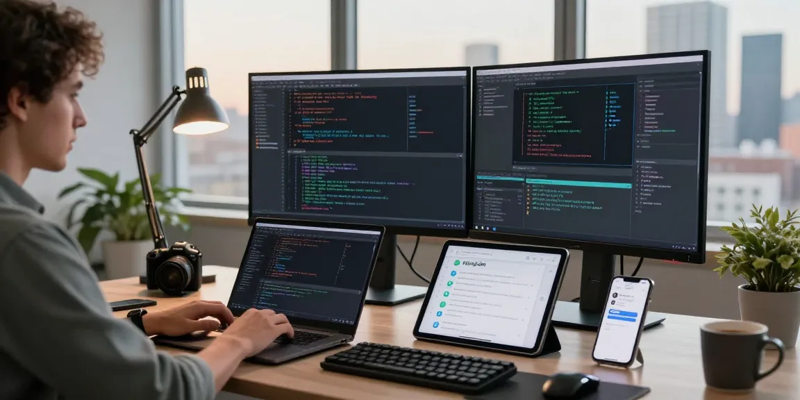 Developer coding in a modern workspace representing WPS Official Website with advanced tech elements.
