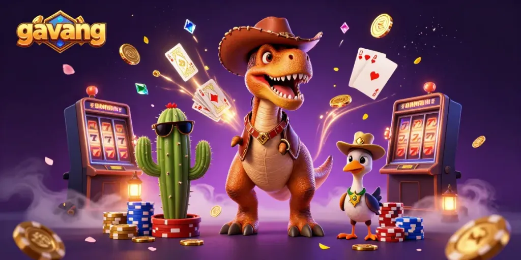 Spin slots with Gavang's vibrant dinosaur and friends amidst coins and poker chips.