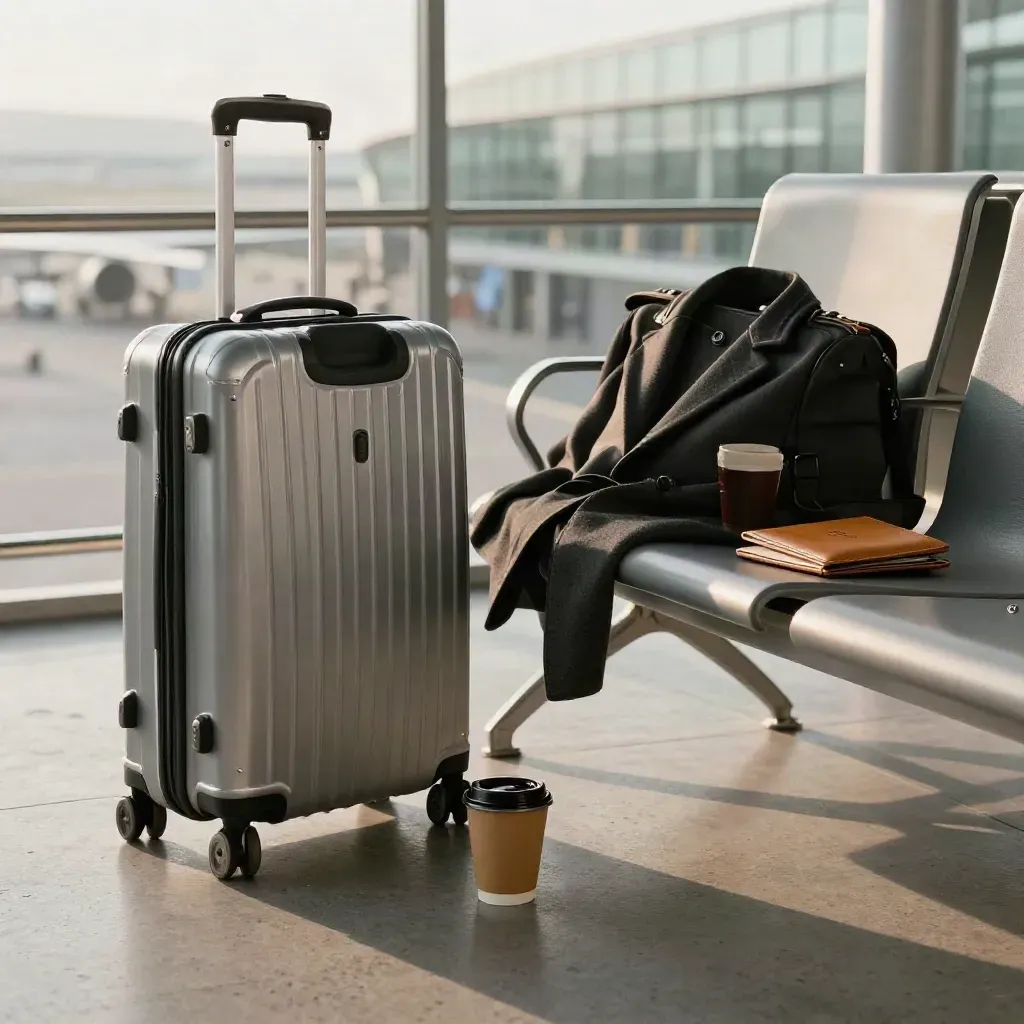 Koffert, jacka, kaffe och passfodral vid terminalfönster i gryningen
