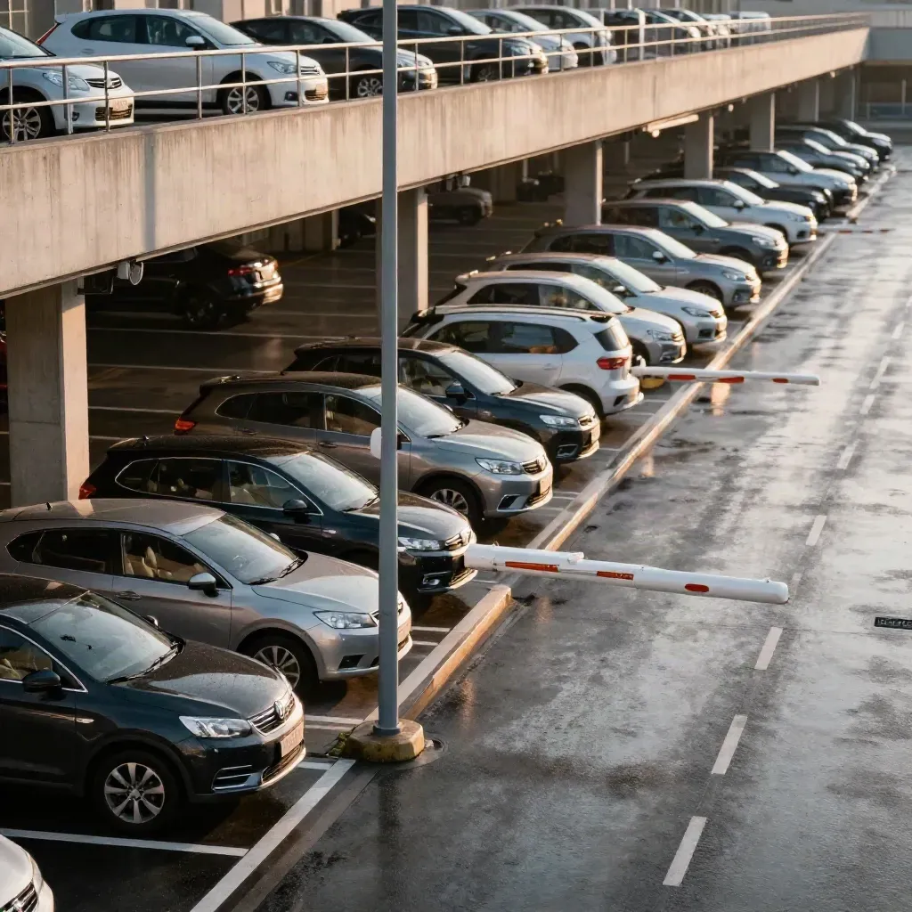 Våt flygplatsparkering i kvällsljus med bilar på rampen och barriärarm vid betongpelare.