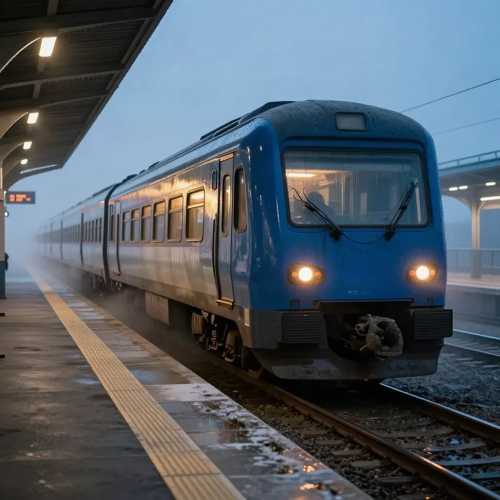 Flygplatståg glider in vid perrongen i blå skymning med dimma och ljus.