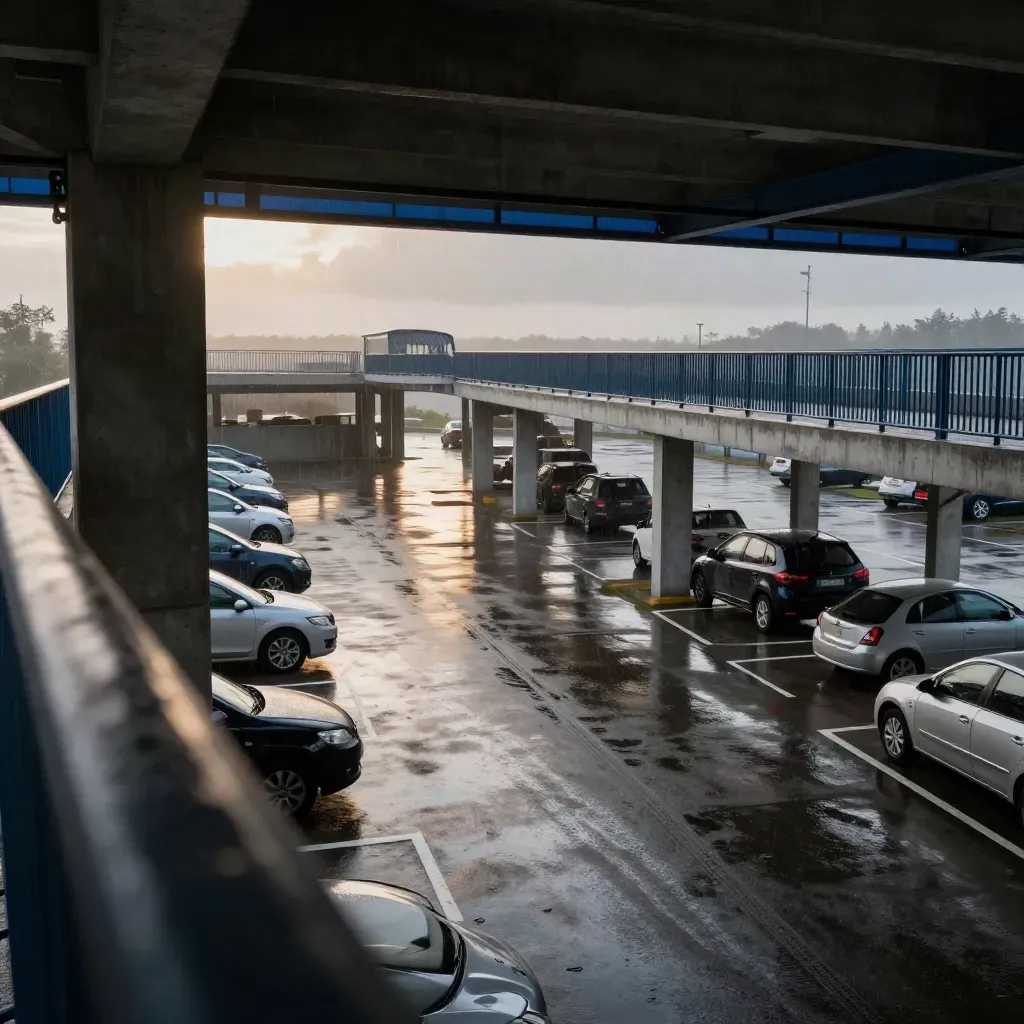 Blöt parkeringsramp vid terminalen, bilar svänger in under en täckt gång.