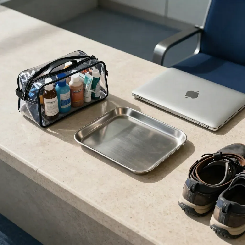 Flygplatsens säkerhetsprylar ovanifrån: necessär, laptop, skor, bälte och metallbricka.