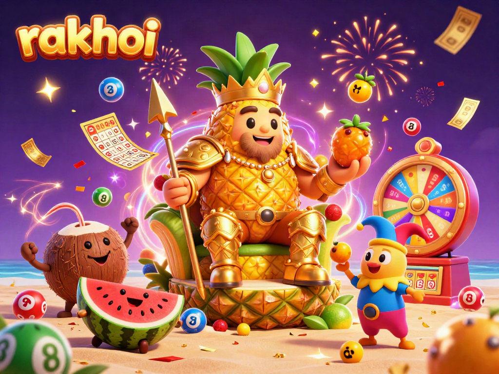 Engage in thrilling gameplay with rakhoi's vibrant beach casino featuring a golden pineapple king and dynamic lottery elements.