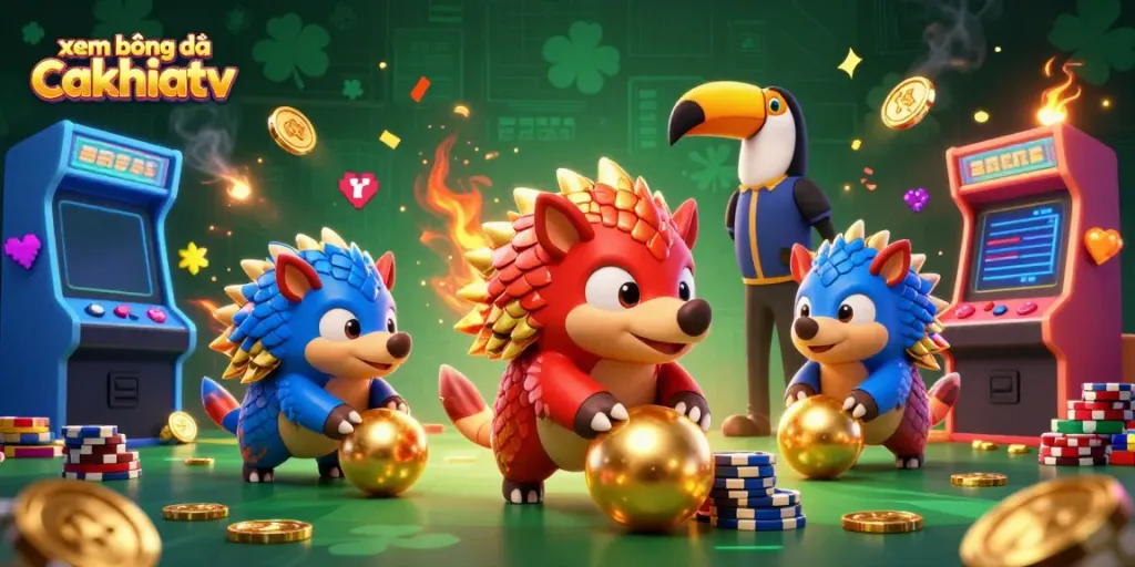 Experience xem bóng đá cakhiatv with dynamic pangolins rolling through poker chips in a vibrant gaming scene.