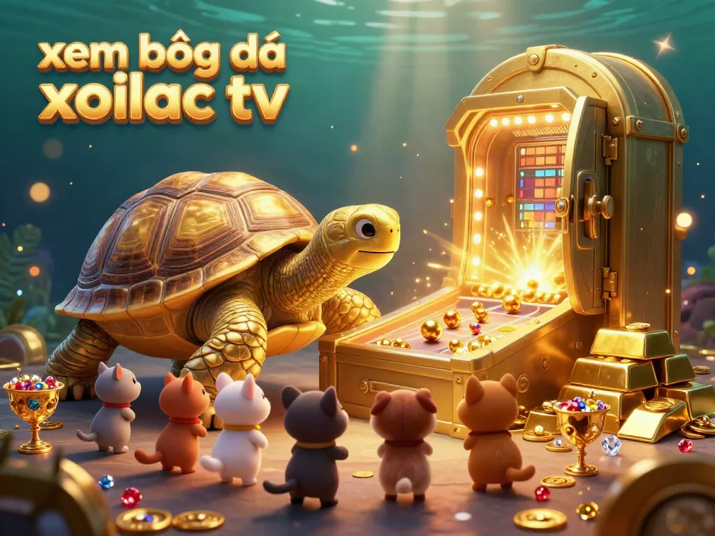 Xem bóng đá xoilac tv features a golden tortoise playing in a vibrant casino scene full of treasures.