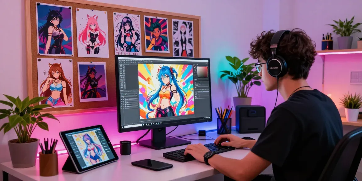 Creative artist generating ai hentai visuals in vibrant digital studio with inspiring artwork and modern design tools.