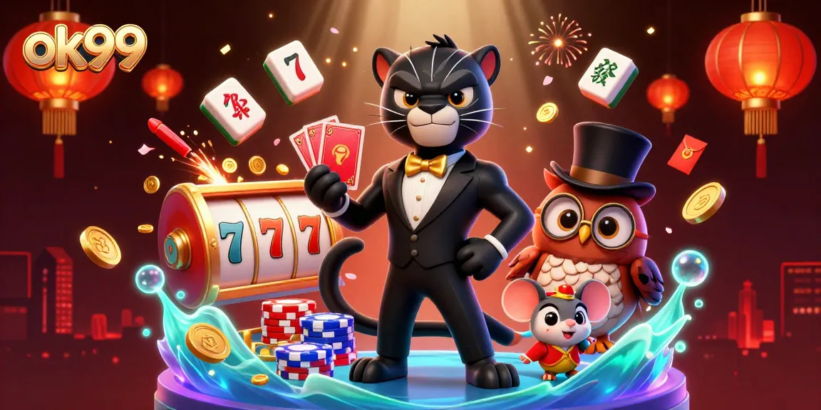 Engage with ok99 as the stylish black panther deals cards in a vibrant, immersive casino scene.
