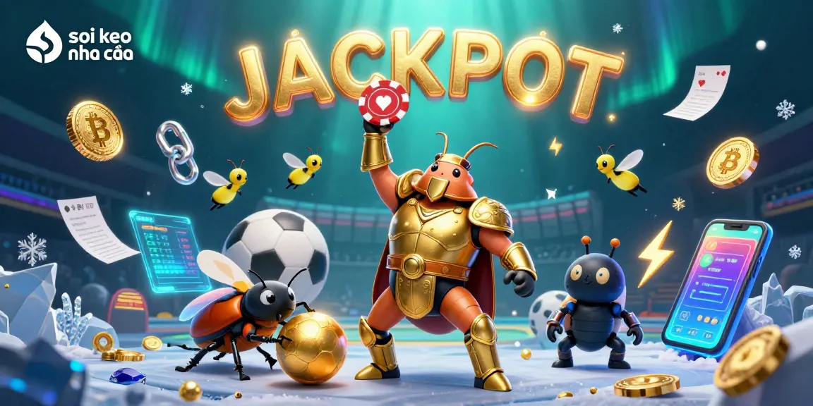 Engaging scene depicting soi keo nha cái with a victorious beetle holding a poker chip surrounded by sports and crypto elements.