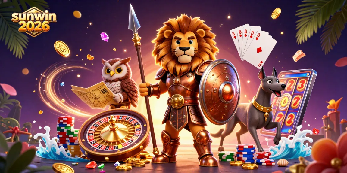 Experience exhilarating gameplay with sunwin 2026 as the Spartan lion stands tall among shimmering coins and vibrant game elements.