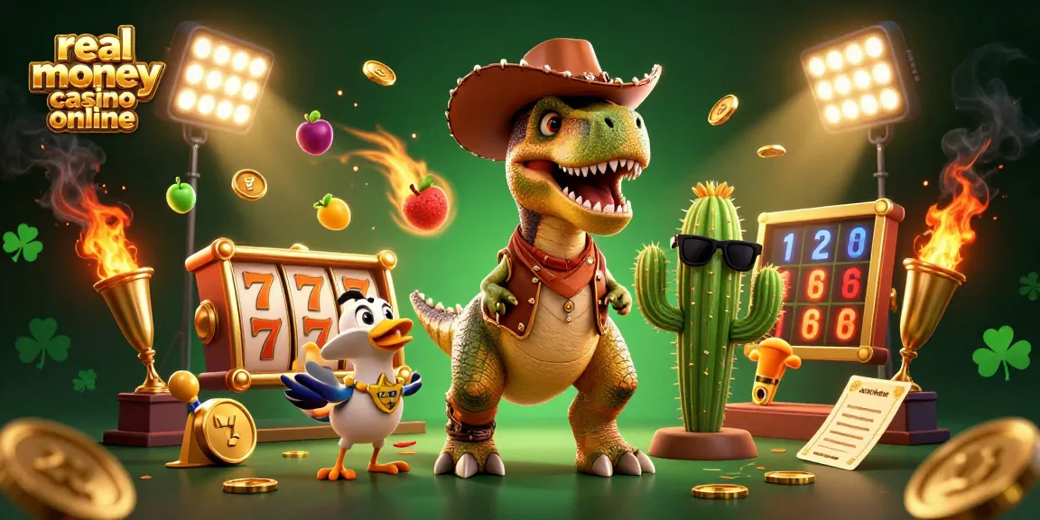 Engage with real money casino online in this vibrant 3D scene featuring a cowboy dinosaur and exciting game elements.